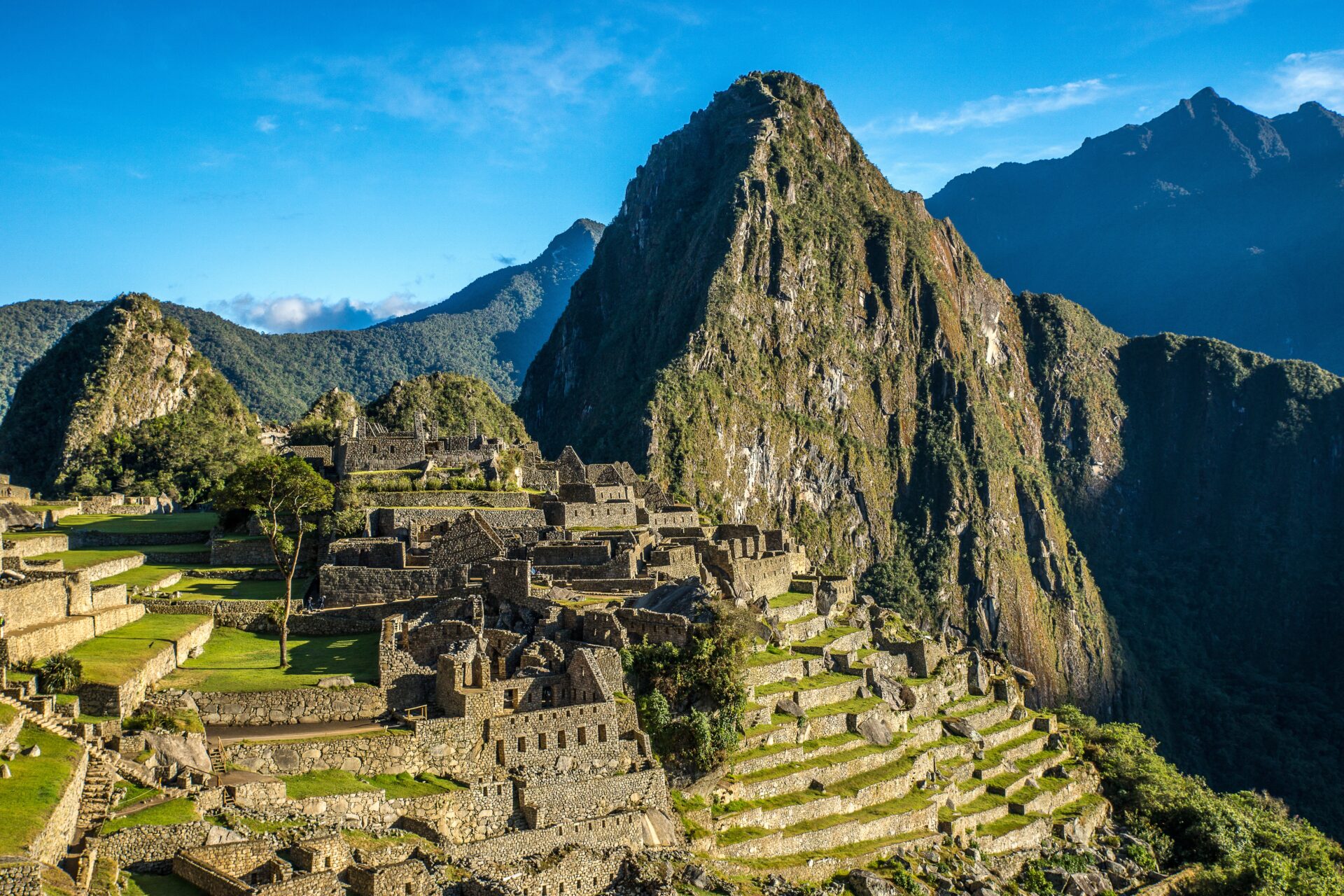 An aerial shot of the beautiful village by the mountain captured in Machu Picchu, Peru