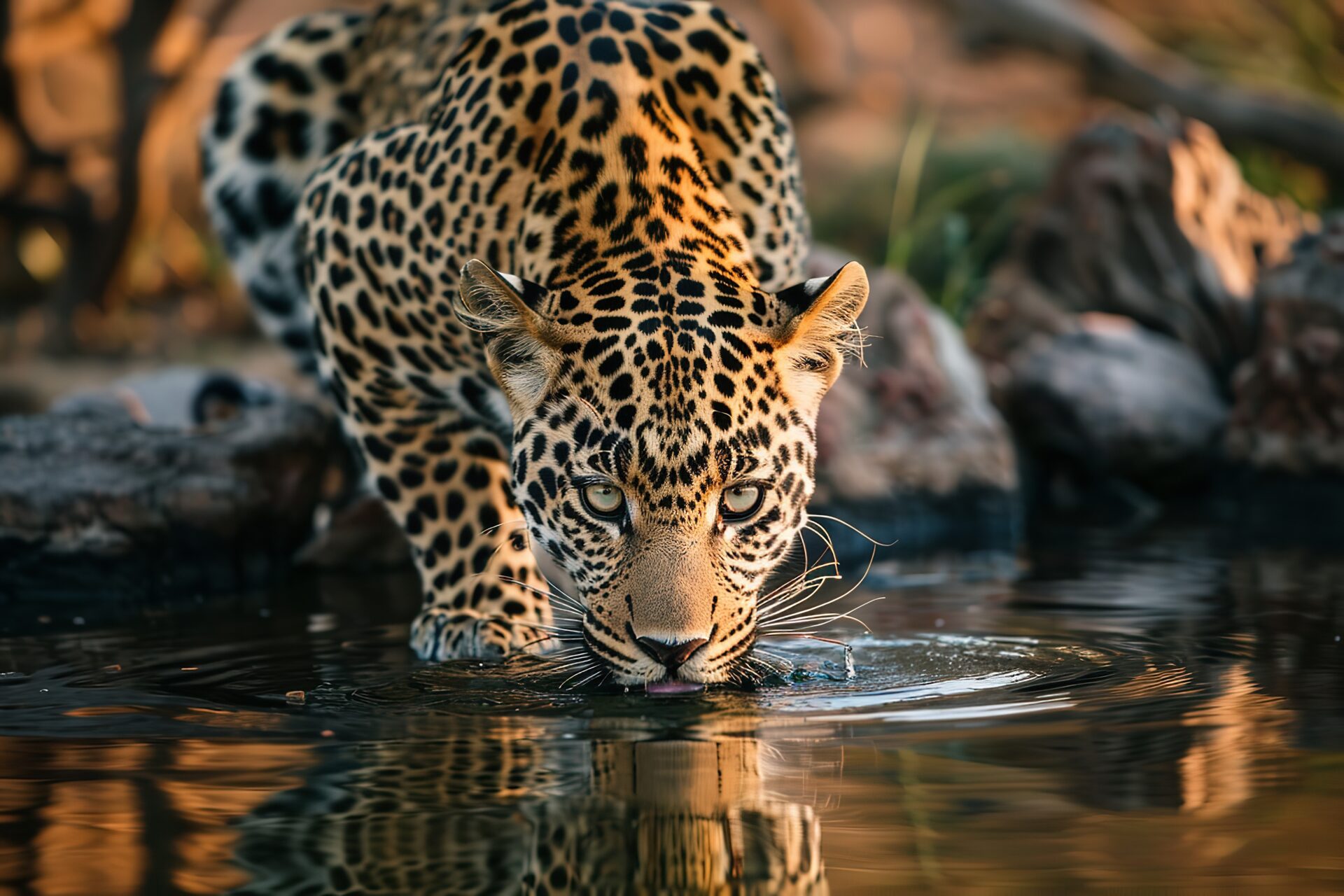 Capture a leopard consuming lake water, Generative AI.