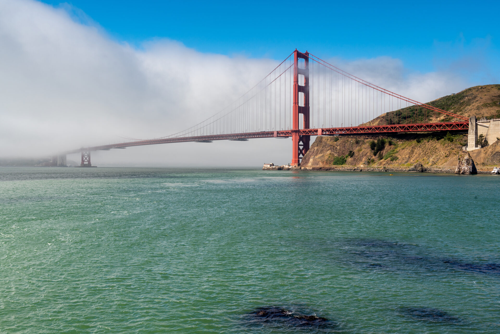 Panoramic view of the Golden Gate Bridge in the morning viewed from Fort Baker